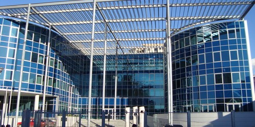 Exterior view of the GJKKO building in Tirana, Albania’s Special Court Against Corruption and Organized Crime.