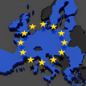 Map of Europe showing EU countries in blue and non‑EU countries in black, including Albania, to illustrate geopolitical dynamics on Europe’s periphery.