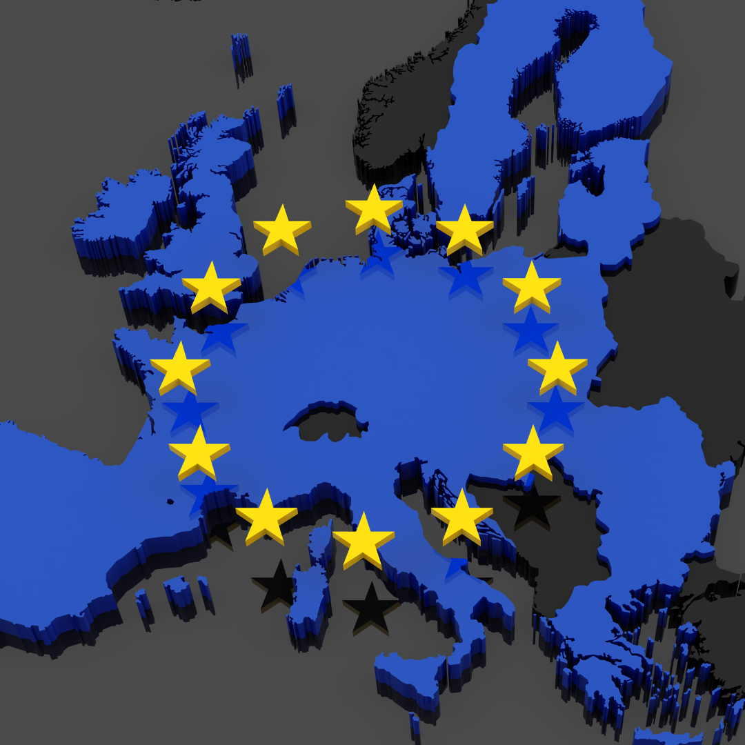 Map of Europe showing EU countries in blue and non‑EU countries in black, including Albania, to illustrate geopolitical dynamics on Europe’s periphery.