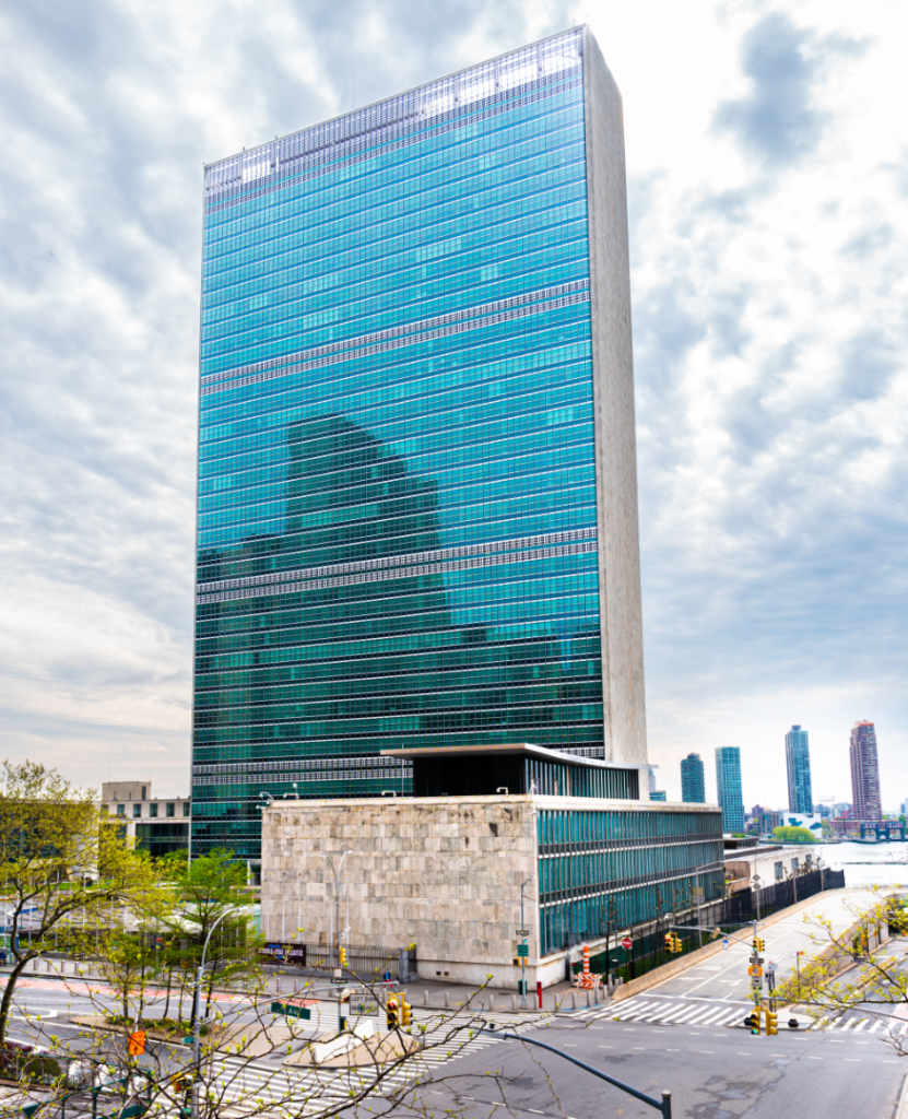 United Nations headquarters in New York, representing international diplomacy and the veto power of five permanent members