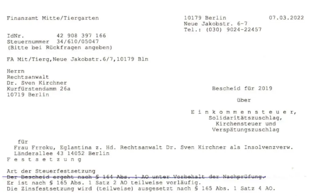 Head section of the 2019 tax assessment issued on 7 March 2022, showing the Finanzamt contact details and the insolvency administrator’s official address