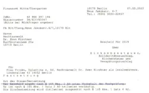 Head section of the 2019 tax assessment issued on 7 March 2022, showing the Finanzamt contact details and the insolvency administrator’s official address