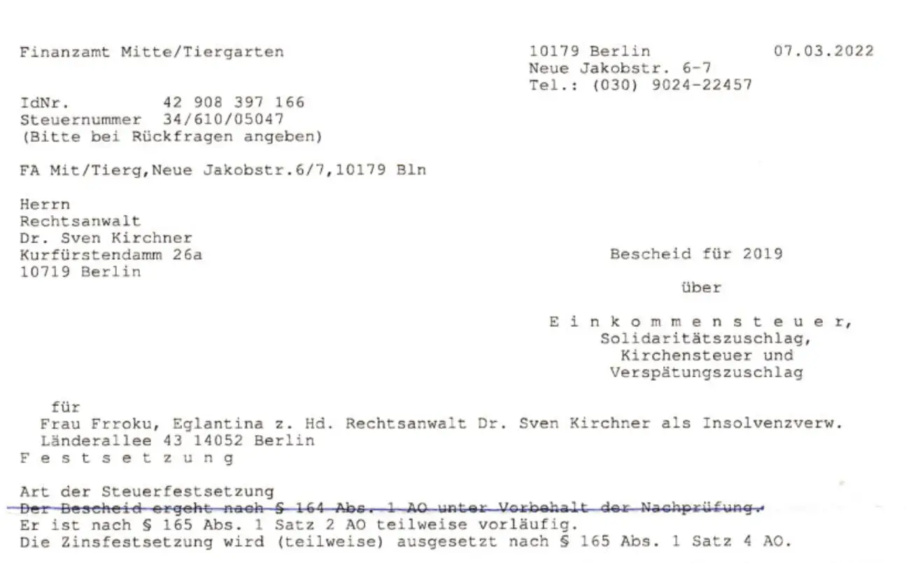 Head section of the 2019 tax assessment issued on 7 March 2022, showing the Finanzamt contact details and the insolvency administrator’s official address