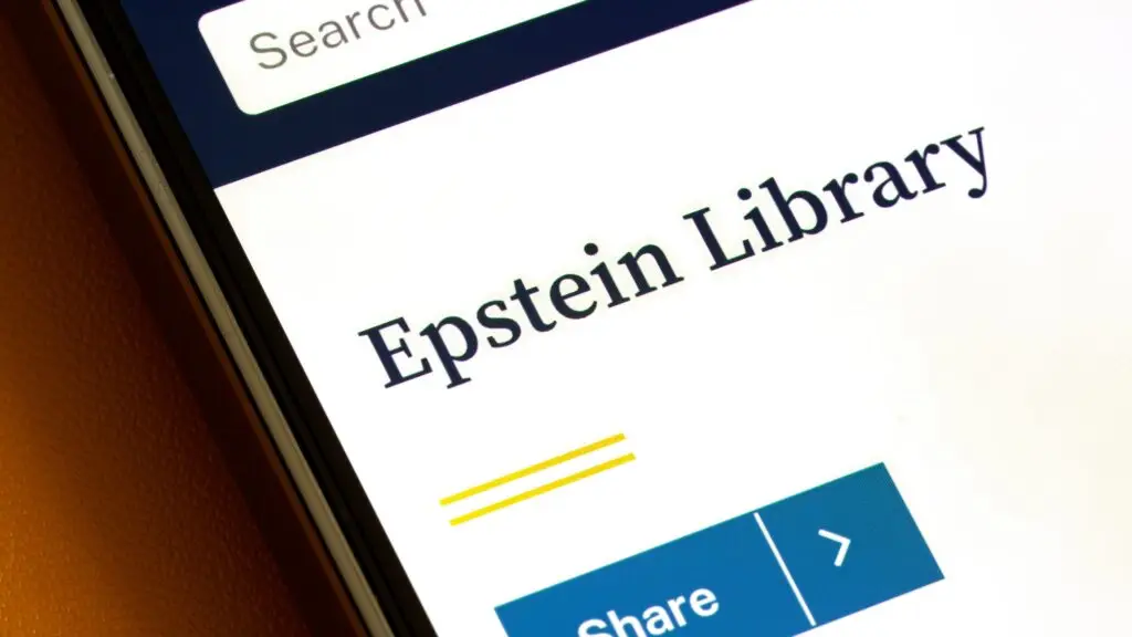 U.S. Department of Justice Epstein Library page displayed on a smartphone screen, close-up of the disclosure portal.