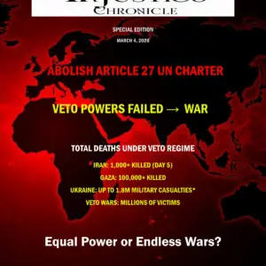 Magazine cover Equal Power or Endless Wars on abolishing UN Security Council Article 27 veto powers