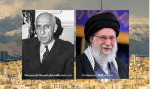 Side‑by‑side portraits of Mohammad Mossadegh (overthrown 1953) and Ali Khamenei (killed 2026), shown in a horizontal montage.