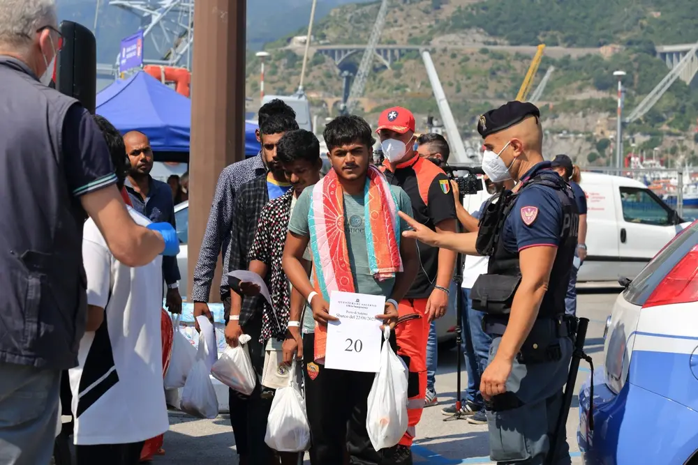 Rescue ship arriving in Salerno, Italy, carrying African migrants rescued in the Mediterranean before they are escorted to reception centres