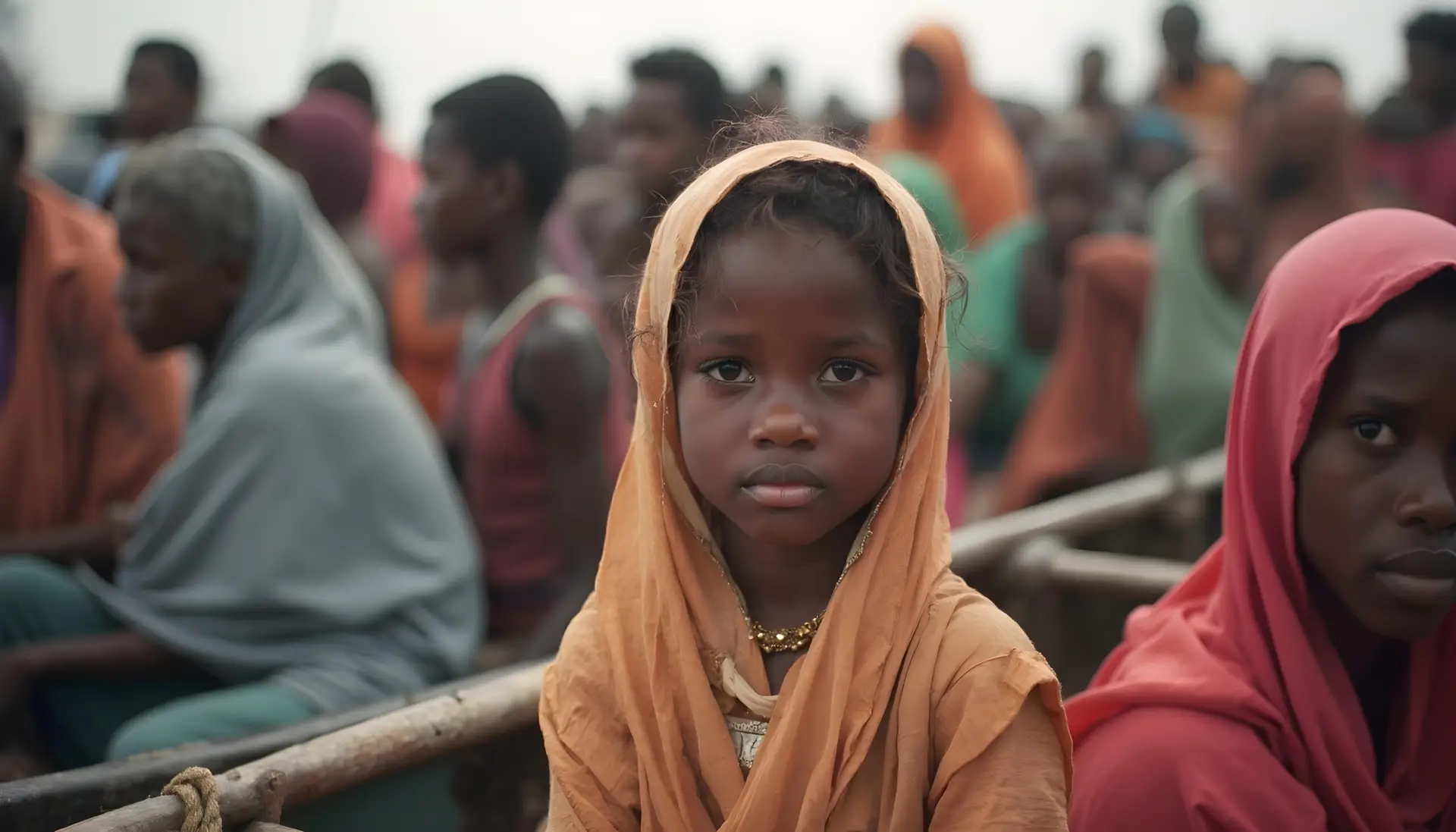 Sudanese refugee girl sitting in a crowded boat, symbolizing mass displacement and a neglected war.