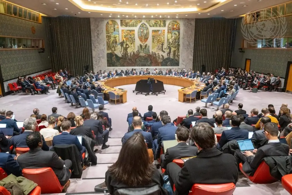 Wide view of the Security Council chamber at the United Nations in New York, where the Security Council discusses the situation in the Middle East, 28 February 2026