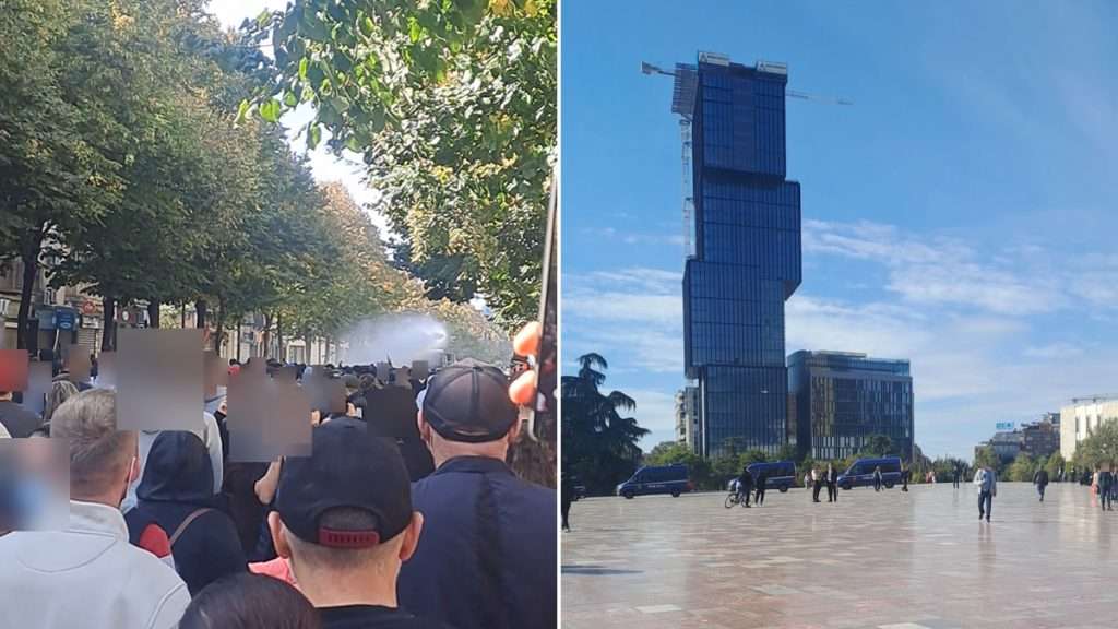 Left: protesters facing a water cannon near Rruga e Kavajës, Tirana, 17 October 2026. Right: police vans on a square in central Tirana beneath a glass tower.