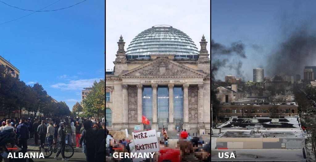 Three protest scenes side by side: a crowd on a street in Tirana, protesters with a “Merz wann Rücktritt” sign in front of the Reichstag in Berlin, and black smoke over Minneapolis