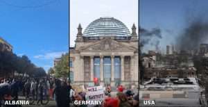 Three protest scenes side by side: a crowd on a street in Tirana, protesters with a “Merz wann Rücktritt” sign in front of the Reichstag in Berlin, and black smoke over Minneapolis