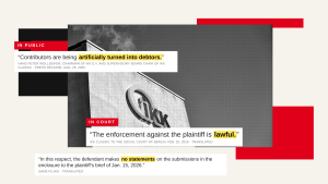 Black-and-white photo of the IKK logo on a building facade, overlaid with quotations: Wollseifer saying contributors are being artificially turned into debtors, and IKK classic telling the court that enforcement against the plaintiff is lawful.
