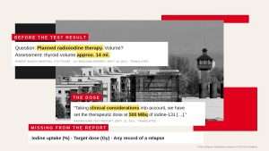 Robert Bosch Hospital in Stuttgart in black and white, with excerpts from its 2011 reports: an ultrasound request already reading “planned radioiodine therapy,” a dose of 500 MBq set “taking clinical considerations into account,” and a note that iodine uptake, target dose and any record of a relapse are missing.